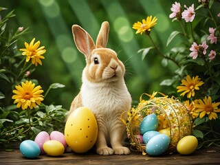 Wall Mural - easter bunny with easter eggs