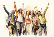 © Robert Kneschke - Group of joyful friends celebrating in a watercolor illustration
