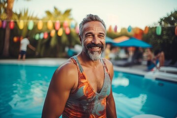 Wall Mural - Portrait of happy senior man standing in swimming pool at summer vacation
