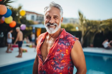 Wall Mural - Cheerful senior man in a colorful shirt is standing by the swimming pool.