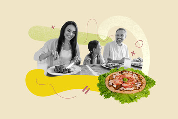 Sticker - Creative picture photo collage happy cheerful family have dinner restaurant cafe menu order pizzeria calories dish drawing background