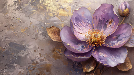 Beautiful spring purple flower with golden leavs on decorative background as wallpaper illustration, Elegant Purple Gold Flower