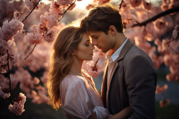 Wall Mural - Romantic couple enjoying serene moment in cherry blossom orchard. Spring love and romance.