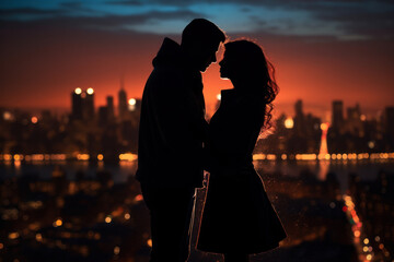 Wall Mural - Romantic couple silhouette against city skyline at dusk. Love and romance.