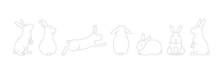 Wall Mural - Cute Easter bunny, rabbit, hare cartoon characters illustration, horizontal border. Hand drawn style line art design, isolated vector. Holiday clip art, seasonal card, banner poster, element