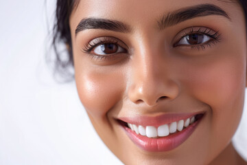 Wall Mural - Close-up portrait of smiling young woman with flawless skin. Beauty and skincare.