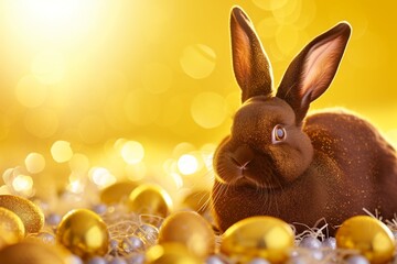 Canvas Print - A chocolate brown Easter bunny with twinkling, amber eyes, surrounded by golden eggs on a bright, honey yellow background.