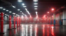 Underground Parking Lot With Red Smoke And Tube Lights