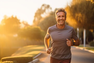 Sticker - Handsome young man jogging in the park at sunset.