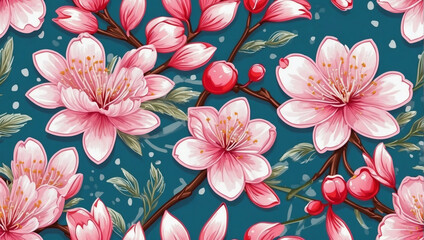 Wall Mural - Delicate cherry blossom seamless background, Geometric ethnic oriental ikat pattern, perfect for wallpaper, clothing, and fabric. Vector illustration in embroidery style.