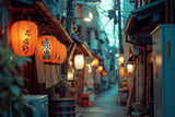 Fototapeta Młodzieżowe - Traditional Japanese street with hanging lanterns at dusk. Cultural travel destination.