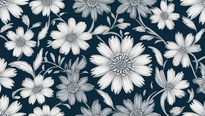 Wall Mural - Dainty daisy floral seamless background, Geometric ethnic oriental ikat pattern, suitable for wallpaper and fabric. Vector illustration in traditional embroidery style.