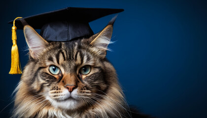 Wall Mural - Fluffy funny cat Maine Coon wearing a graduate black hat on dark blue background with copy space. Education and back to school concept.