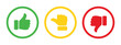Like, dislike and neutral thumb symbols in green, yellow and red color outline. Feedback and rating thumbs up and thumbs down icon set. Thumbs up, down and sideways symbols.