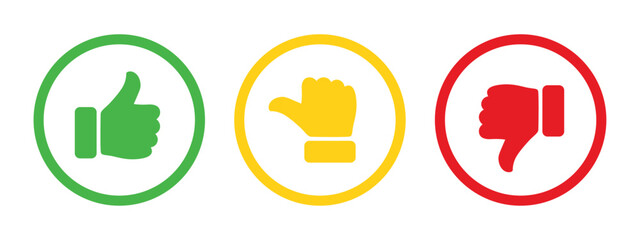 Wall Mural - Like, dislike and neutral thumb symbols in green, yellow and red color outline. Feedback and rating thumbs up and thumbs down icon set. Thumbs up, down and sideways symbols.