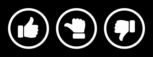 Like, dislike and neutral thumb symbols in white circle outline. Feedback and rating thumbs up and thumbs down icon set. Thumbs up, down and sideways symbols isolated on black background.