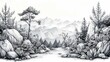 Line drawings of a mountain landscape