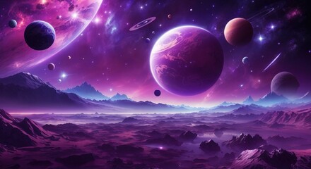 Wall Mural - Space background with purple planet landscape