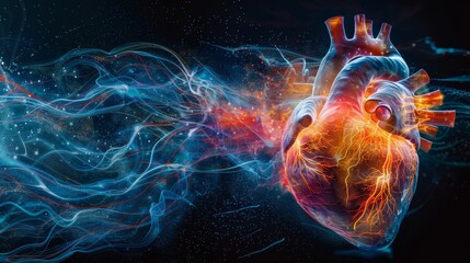 Wall Mural - 3D image of a human heart with a dynamic display of the circulatory system's energy flow, symbolizing life and vitality.