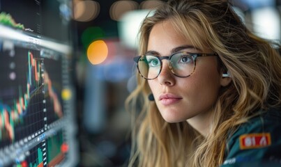 Wall Mural - A female trader working on her computer, Financial Analysis on the background