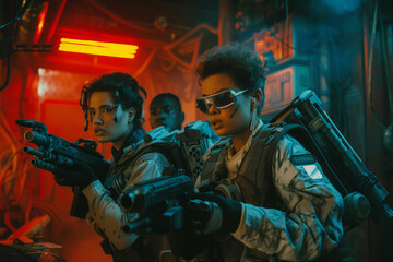 Wall Mural - Scene from retro sci-fi series, characters in futuristic props explore the unknown aboard vintage spacecraft. Nostalgia concept with peoples wearing retrofuturistic costumes
