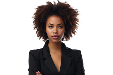 Portrait of beautiful confident black woman looking at camera. Female entrepreneur posing on white background