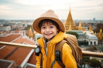 Poster - Happy asian boy traveler with backpack and hat looking at camera on grand palace in Bangkok, Thailand