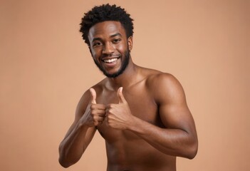 Poster - A shirtless man with a bright smile making a thumbs up gesture.