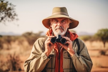 Poster - Senior hiker looking through binoculars in the Okavango Delta, Botswana