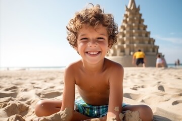 Poster - Little boy playing on the beach with a sand castle on the background