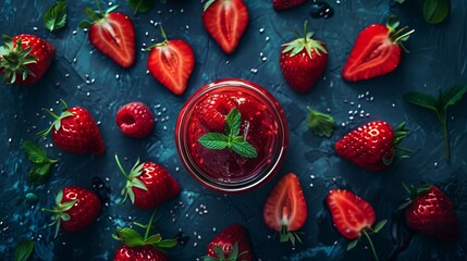 Wall Mural - Strawberry jam in glass jar on a blue background with fresh ripe strawberries laid out around. Natural food nutrition winter preserve