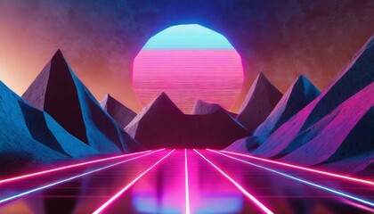 Wall Mural - Synthwave retro cyberpunk style landscape background banner or wallpaper. 