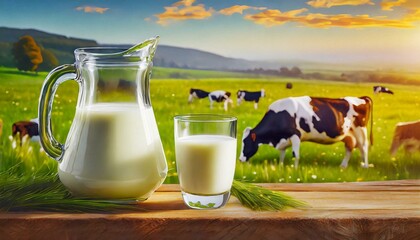 Glass and pitcher of fresh milk on wooden table with grass field and cows background.