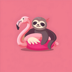 A logo illustration of a sloth on an inflatable flamingo on pink background