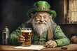 A leprechaun at a pub having a drink