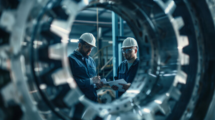 Wall Mural - two engineers in safety helmets and blue work clothes are inspecting or discussing a large metallic turbine or machinery component in an industrial setting.
