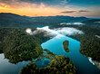 Aerial view of Plitvice National Park in Croatia at sunset.