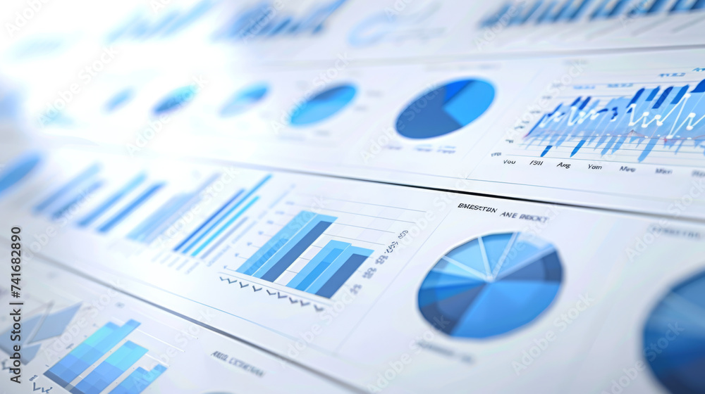 close-up of various financial charts and graphs with a blue theme ...