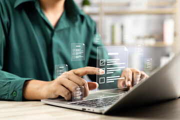 Canvas Print - Digital business performance monitoring survey filling with tablet and laptop, Businessman enhancing business performance with comprehensive online survey checklist, Technology in education learning.