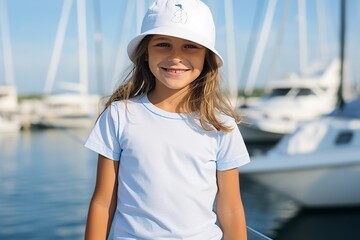 Poster - Portrait of a beautiful young girl in a white cap on the background of yachts