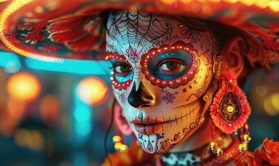 Wall Mural - Day of the Dead. Beautiful female model face in traditional costume