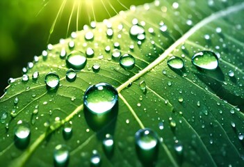 Wall Mural - Large beautiful drops of transparent rain water on a green leaf macro. Drops of dew in the morning glow in the sun. Beautiful leaf texture in nature. Natural background. AI generated