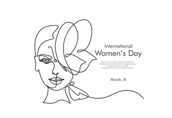 International women's day greeting card. Woman face with butterfly in one continuous line drawing. Abstract female portrait in simple linear style. Doodle Vector illustration for 8 march