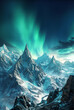  Aurora Borealis Over Snowy Mountains. Northern Lights dancing in the sky above a snowy mountainous landscape.