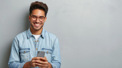 Wall Mural - cheerful young man wearing glasses and a denim shirt, smiling and looking at a smartphone he is holding in his hands, against a neutral gray background.