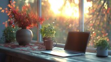 Daylight Saving Time Concept At Sunrise, Hours And Enjoying Coffee As Well As Laptop Near The Window With Leaves, On A Wooden Table In The Living Room, Videos.