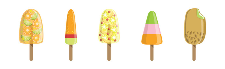 Wall Mural - Ice Cream Eskimo with Wooden Stick Vector Set