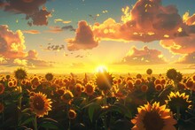 Photograph Of Sunflower Background. Big Field Of Blooming Sunflowers Against Setting Sun In Countryside
