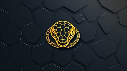 Wall Mural - Golden snake on black hexagon background