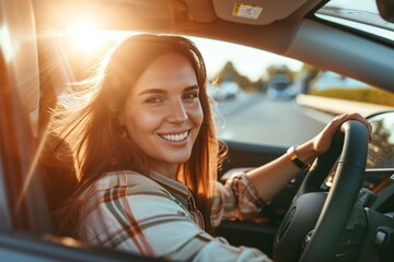 young woman in her car posing smiling